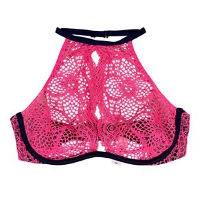 Victoria's Secret Very Sexy Pink Lace HALTER Bra 32B Navy Trim NEW with Tags Y2K